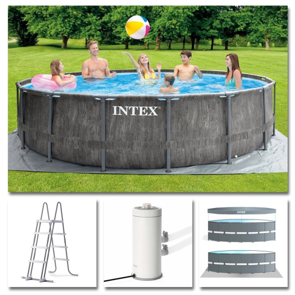 INTEX Komplettset Prism Frame Pool Greywood Ø 457x122cm Filterpumpe Swimmingpool