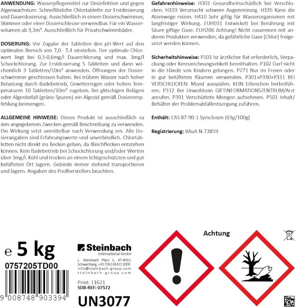 Steinbach 5 kg Chlortabs 20g Chlortabletten Chlor Pool Schwimmbad Swimmingpool