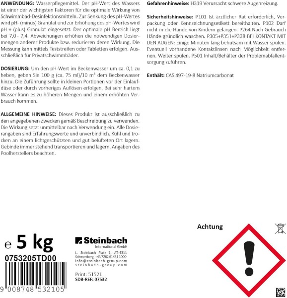 Steinbach 5 kg Ph Plus Granulat Erhöher Pool Schwimmbad Wasserpflege Poolchemie