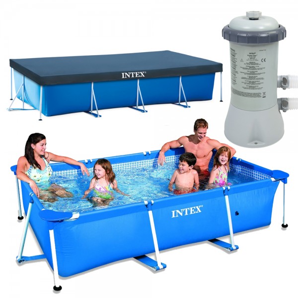 INTEX Family Swimming Pool Frame 300x200x75cm + Poolpumpe 2271l/h + Abdeckplane