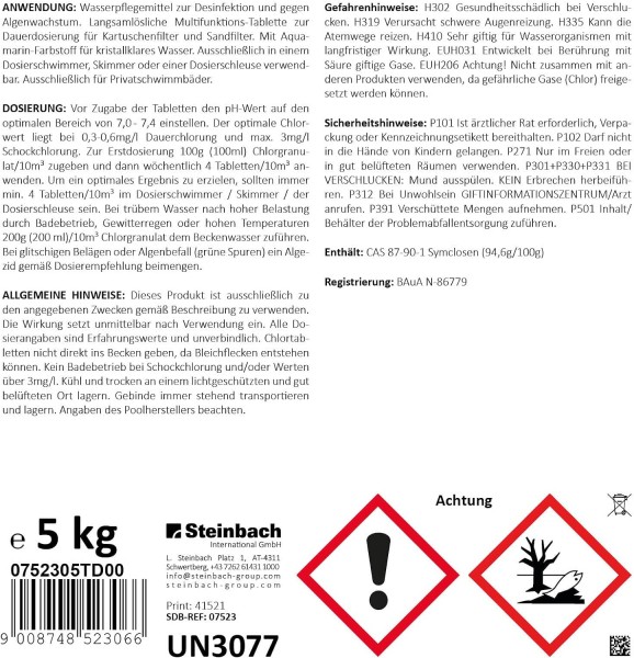 Steinbach Total Blue 20g Multifunktionstablette 5kg Wasserpflege Pool Chemie Chlor