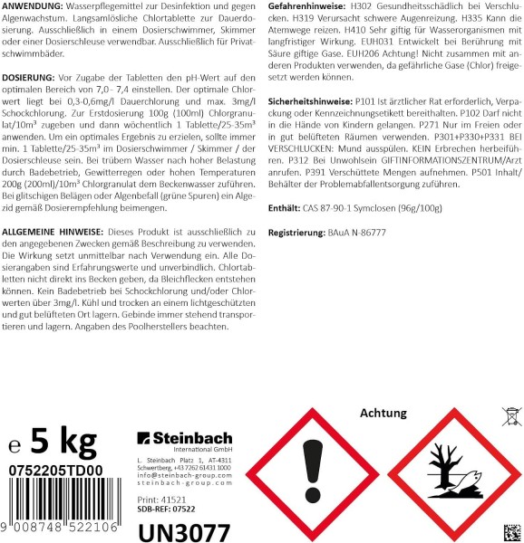 Steinbach 5kg Chlortabs 200g Chlortabletten Chlor Pool Schwimmbad Swimmingpool