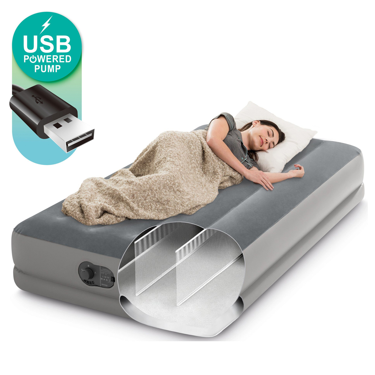 INTEX Luftbett Prestige Single + USB Pumpe Gästebett 191x99x30cm Luftmatratze