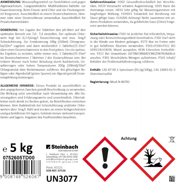 Steinbach 5kg Tabs 200g Quattrotabs für Pool Chlortabs Chlortabletten Multitabs