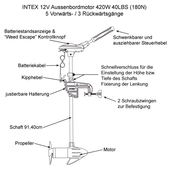INTEX 12V Aussenborder Elektromotor Bootsmotor Aussenbordmotor 420W 40LBS