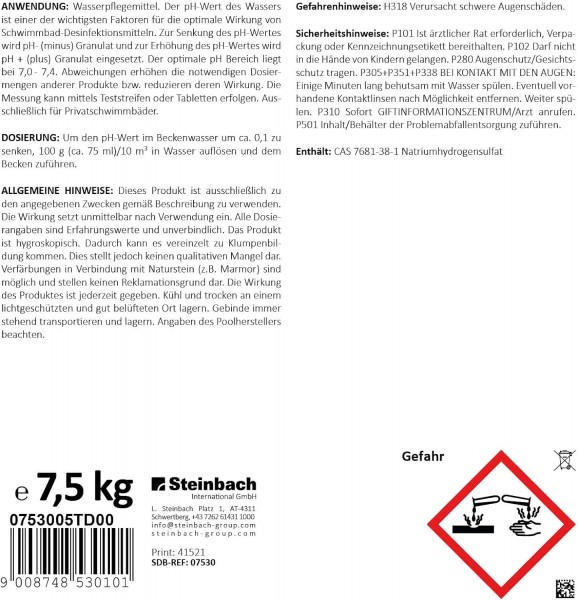 Steinbach 7,5kg Ph Minus Senker Granulat Pflege Pool Schwimmbad Poolpflege